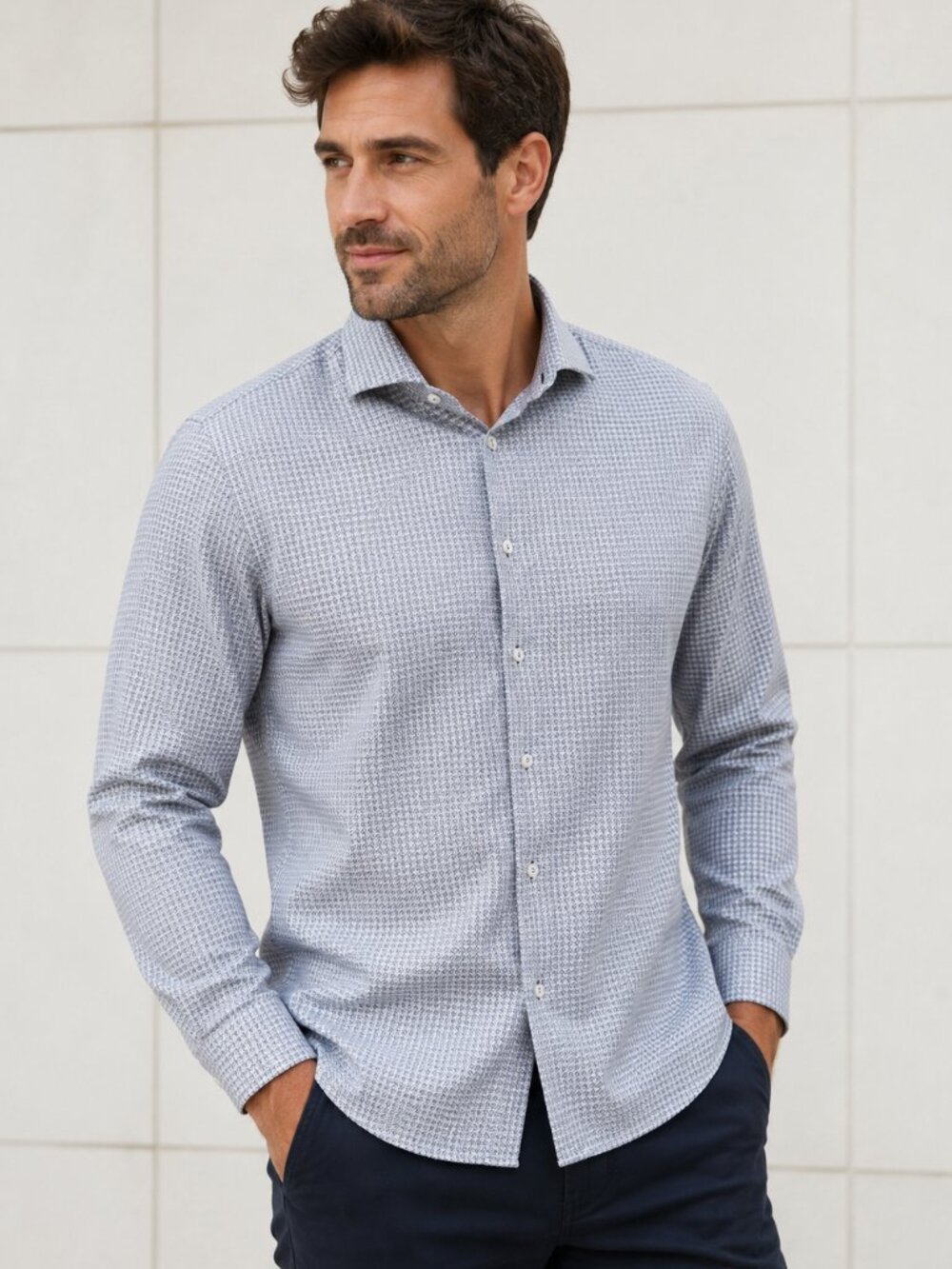 Black Brown 1826 Non-Iron Blue White Geometric Dress Shirt Men's 17.5/44 Large
